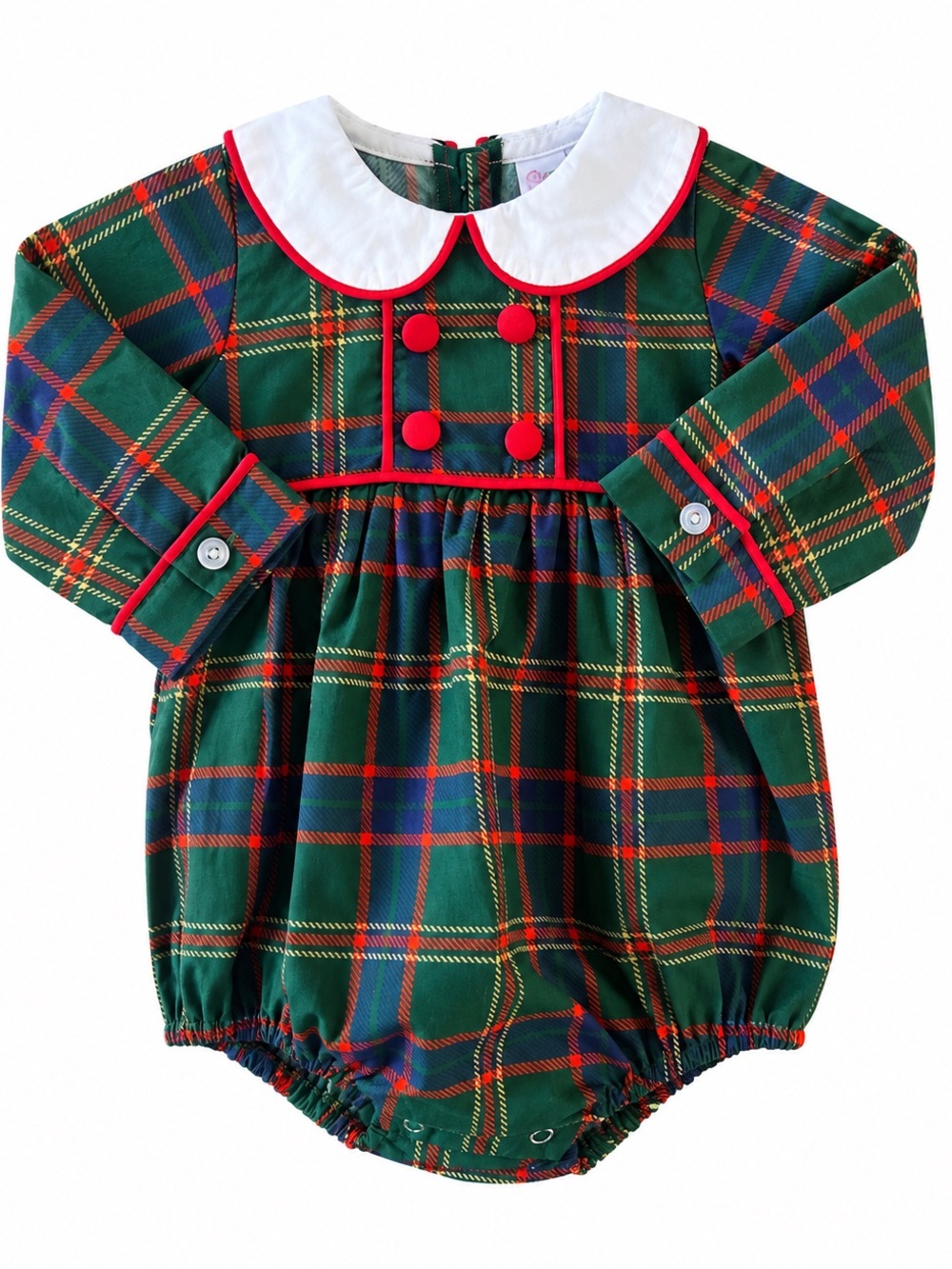 Stitchy Fish Christmas Tartan Plaid Bubble Romper Peter Pan Collar 6M